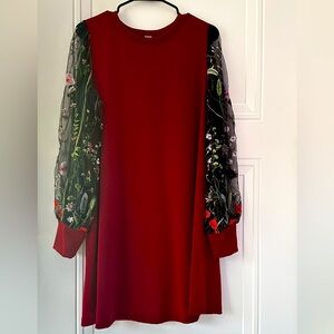 Red Dress with Floral Embroidered Sleeves